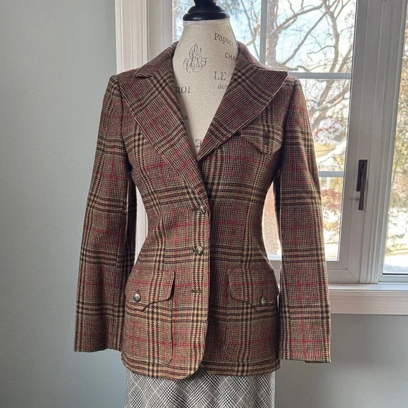 Anne Klein vintage 70’s wool plaid brown equestrian style blazer Small - Picture 1 of 11